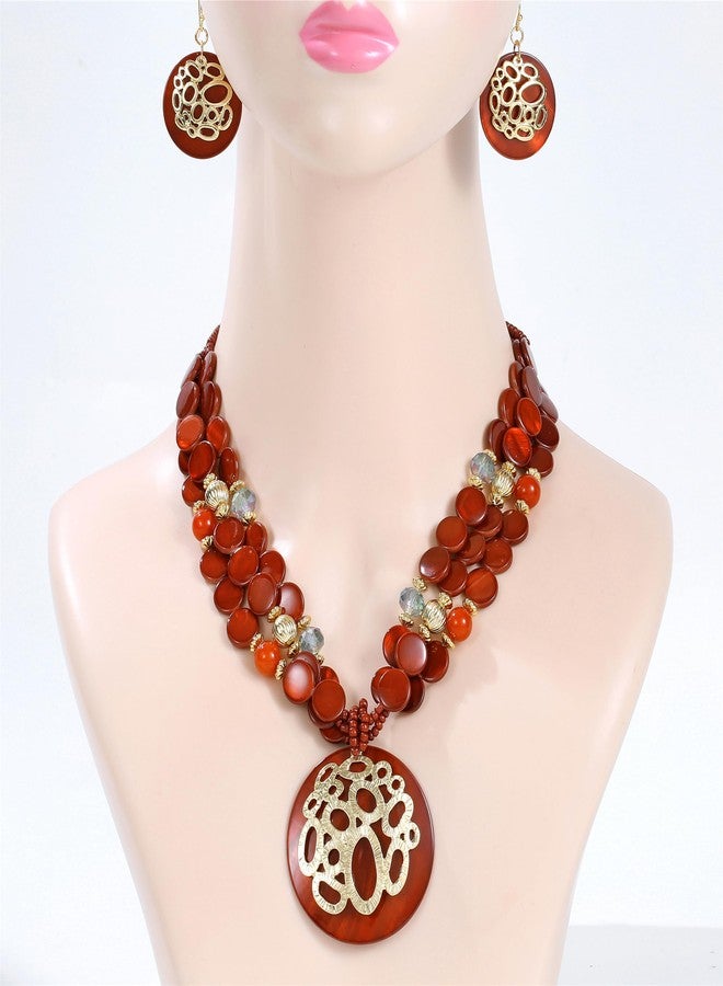 Xalroco Gold / Silver plated Circle Metal Patterned Shell Pendant Necklace and Earrings Colorful Chunky Layered Shell Crystal Stone Beads Necklace Set for Women Leopard Print Brown Jewelry Set Gift (burnt orange) - Image 4